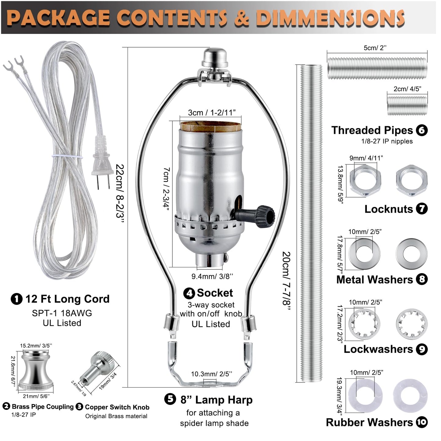 Lamp Making Kit,Make a Lamp or Repair Kit,3-Way Lamp Socket with Matching Cord Lamp Harp Set,Lamp Wiring Kit for Table Floor Lamp,Essential Hardware for DIY Lamp Design or Repair (Silver, 1)
