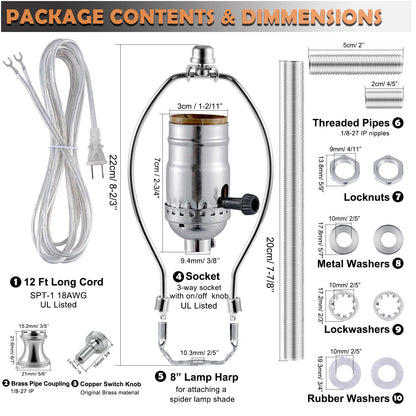 Lamp Making Kit,Make a Lamp or Repair Kit,3-Way Lamp Socket with Matching Cord Lamp Harp Set,Lamp Wiring Kit for Table Floor Lamp,Essential Hardware for DIY Lamp Design or Repair (Silver, 1)