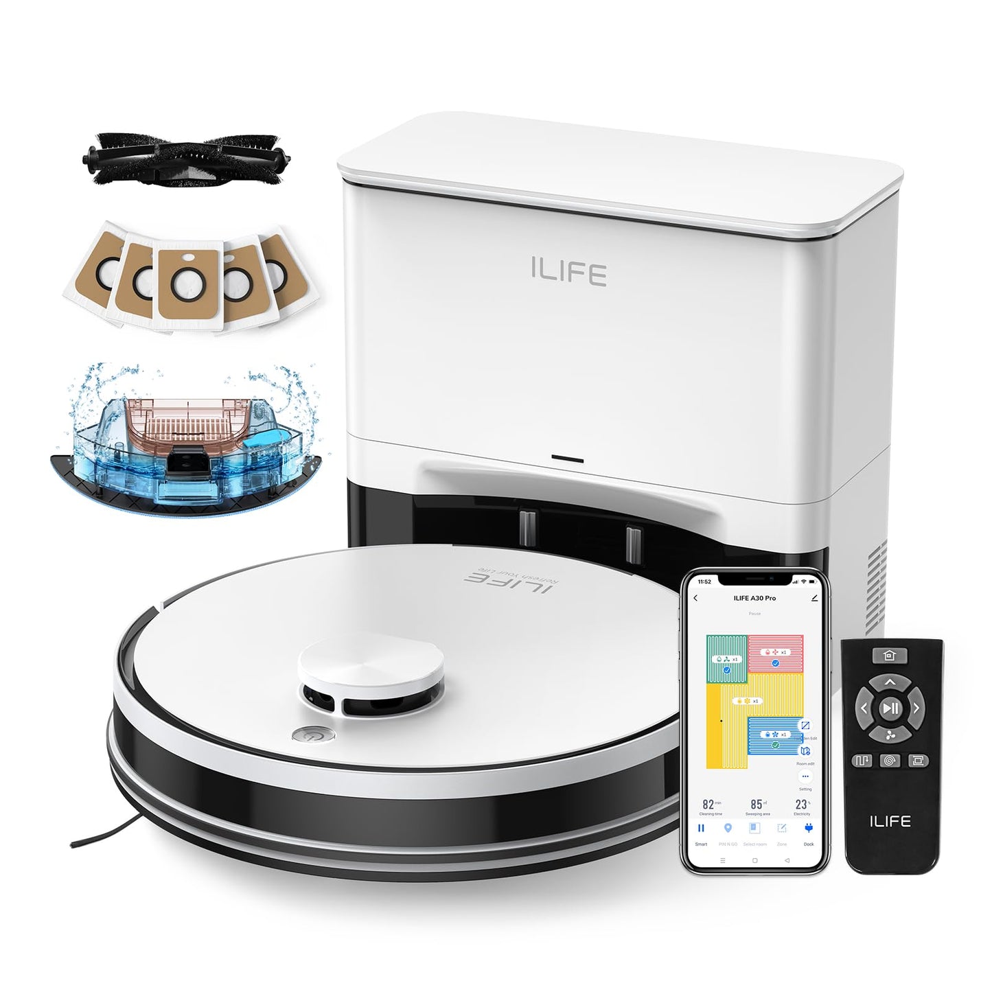 ILIFE A30 Pro Robot Vacuum and Mop, Self Emptying Station for 60 Days, 5000Pa Suction, LiDAR Navigation, No-Go Zones, 2.4G WiFi/App/Alexa/Remote Control, Roller Brush for Carpet, Hard Floors, 110V