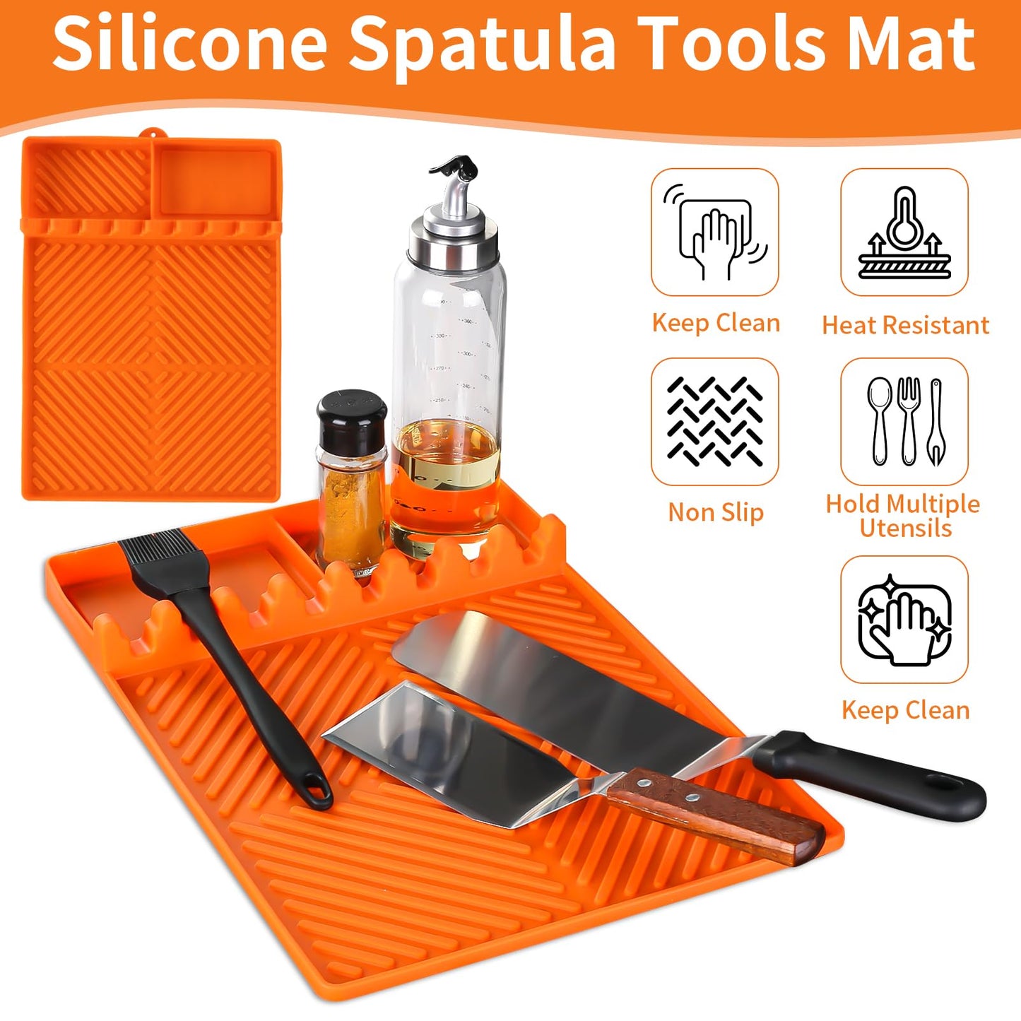 Griddle Mat Barbeque Grill Accessories Tools for Blackstone, Side Shelf Mat Grill Pad for Outdoor Grill Kitchen Counter Spatula Silicone Mat with Drip Pad for Kitchen, Cooking, Countertop (Orange)