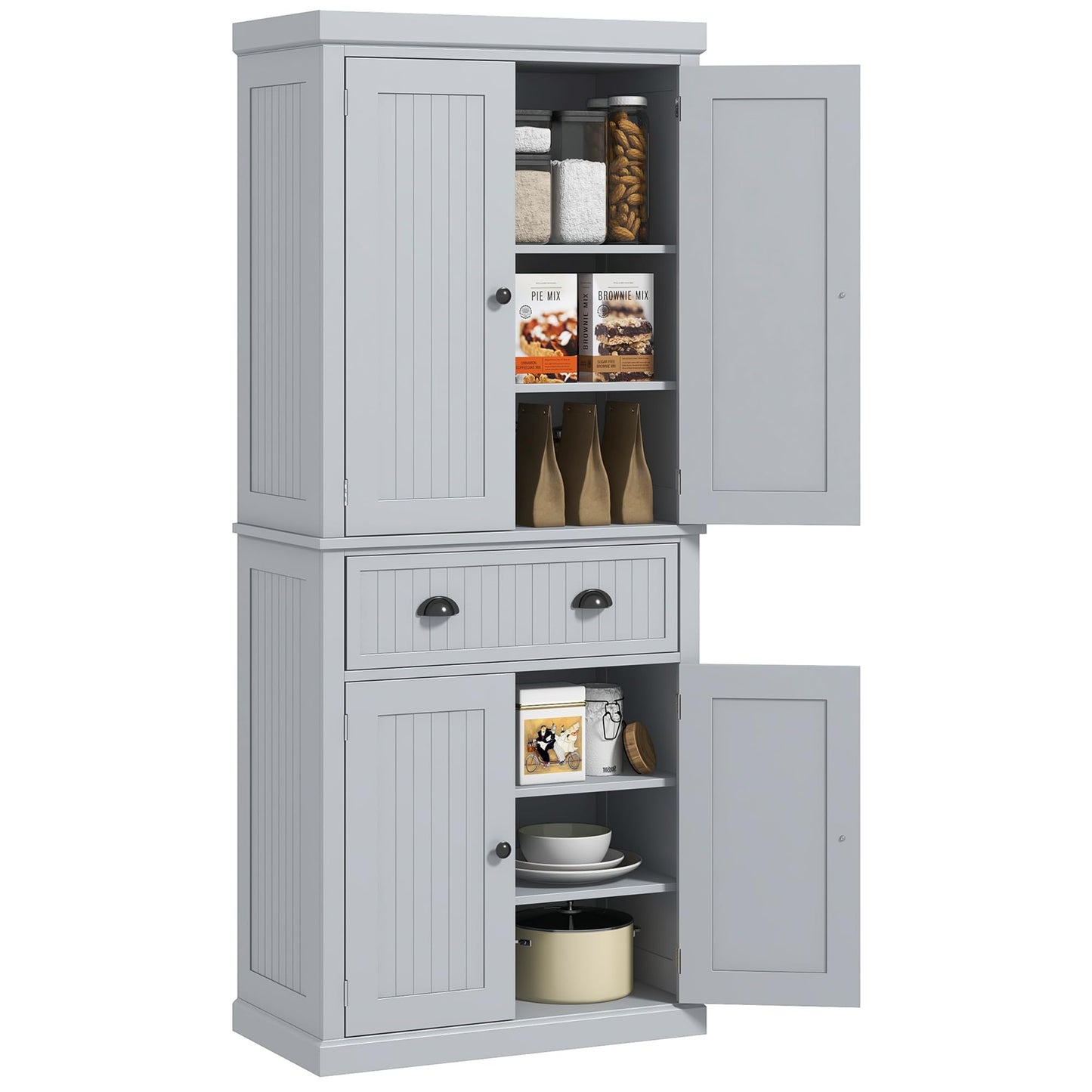 HOMCOM 72" Traditional Kitchen Pantry Cabinet, Freestanding Tall Storage Cabinet with 4 Doors, Drawer and 3 Adjustable Shelves for Dining Room, Gray