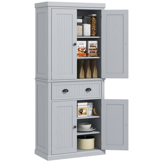 HOMCOM 72" Traditional Kitchen Pantry Cabinet, Freestanding Tall Storage Cabinet with 4 Doors, Drawer and 3 Adjustable Shelves for Dining Room, Gray