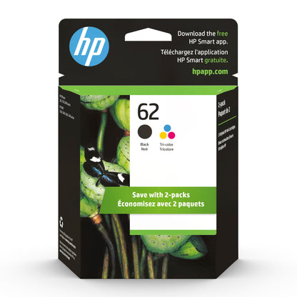 HP 62 Black/Tri-color Ink Cartridges for HP Printers (2-pack) | Works with Printer Series: ENVY 5540, 5640, 5660, 7640, OfficeJet 5740, 8040, OfficeJet Mobile 200, 250 | N9H64FN