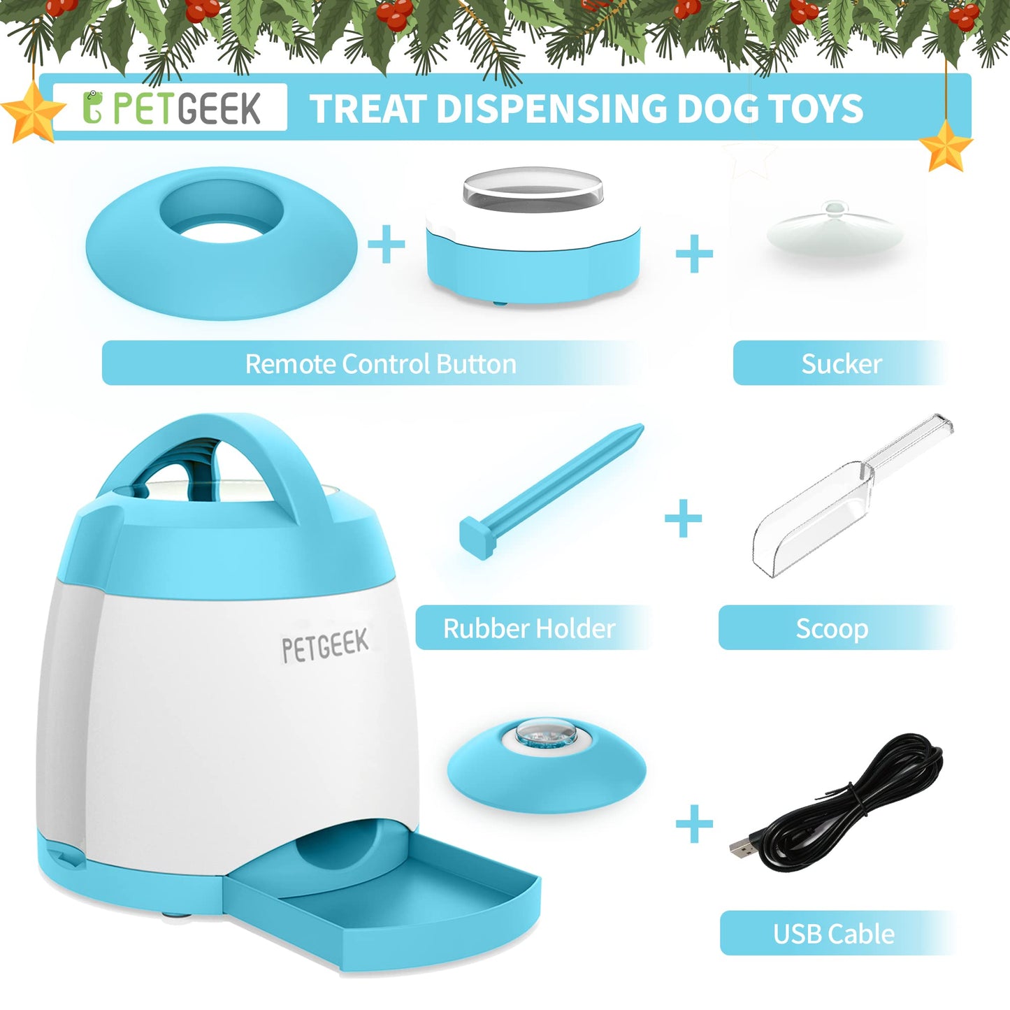 PETGEEK Dog Treat Dispenser with Button, Automatic Dog Feeder with Remote Control and Dual Power Supply, Dogs Puzzle Toys and Interactive Pet Stimulation Toys for Indoor/Outdoor Play (Blue)