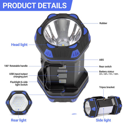 Led Camping Lantern Rechargeable, Camping Flashlight 1500LM, 8 Light Modes, Camping Lights 4800 Capacity, Portable Bright Flash Light for Emergencies, Power Outages, Hurricane, (Blue 2Pack)