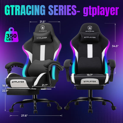 GTRACING Gaming Chair with Foot Rest & Racing Style RGB LED Lights, Breathable Fabric for Home Office Desk, Ergonomic High Back Computer Chair with Headrest & Lumbar Support, RGB Black