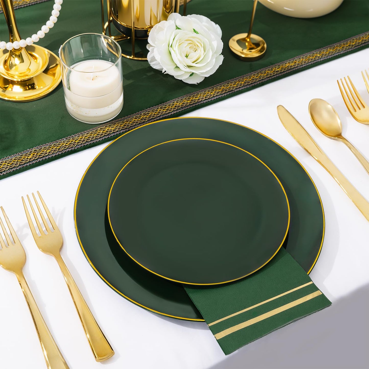 NOCCUR 350PCS Green Plastic Plates - Disposable Green Gold Dinnerware Set for 50 Guests, 100 Dinner/Dessert Plates, 150 Gold Silverware, 50 Cups&50 Napkins for Party/Wedding/Birthday/Christmas