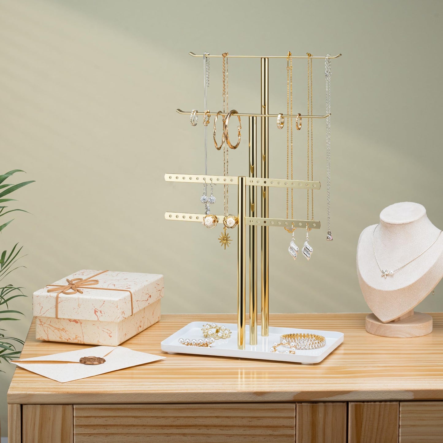 pickpiff Jewelry Stand Organizer Necklace Holder- 14.5" Sturdy Earring and Bracelet Display Hanger, Luxurious Gold, Aesthetic Room Decor