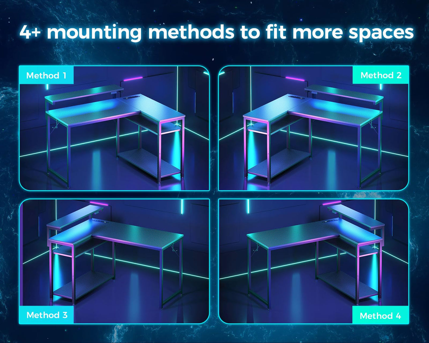 MOTPK L Shaped Gaming Desk with Power Outlet, Reversible Gaming Desk with Height Adjustable Monitor Stand, Gaming Computer Desk 43inch with LED Lights, Home Office Desk, Black