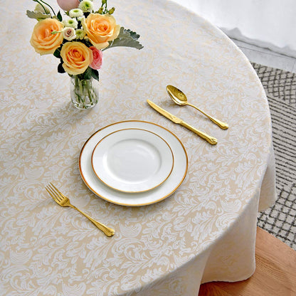 maxmill Jacquard Round Table Cloth Damask Design Waterproof Antiwrinkle Heavy Weight Soft Tablecloths for Circular Table Cover and Kitchen Dinning Tabletop Round 70 Inch Beige with White