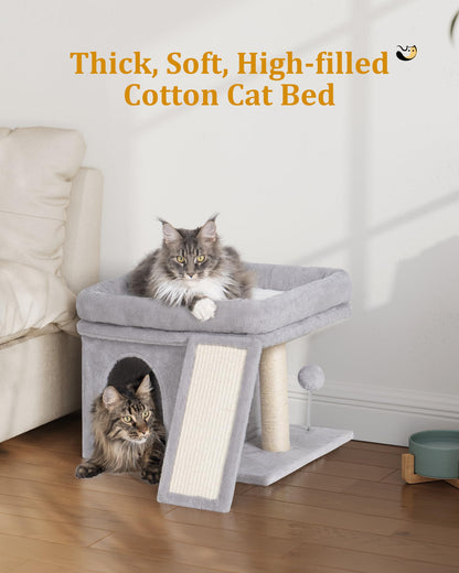 Aechonow 14in Cat Tree Tower with 20 * 16.5in Perch Bed and Washable Top for Large Adult Cats, Condo and Scratching Post for Indoor Kitten Pet, Light Gray