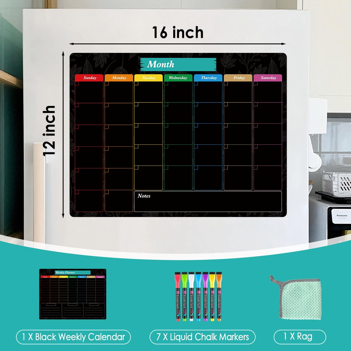MaxGear Black Weekly Dry Erase Board,16"x12" Magnetic Whiteboard Meal Planner Blackboard for Fridge, Chalkboard Calendar Menu Planning Board Notepad for Kitchen with 7 Markers and 1 Eraser