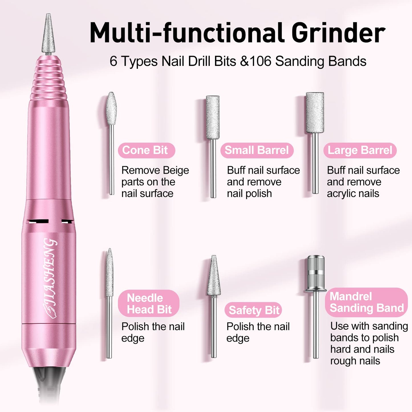 20000RPM Electric Nail Drill Professional Nail File Drill Acrylic Nails Kit for Manicure Gel Nail Polish Remover with 1 Pack of Sanding Bands(Pink)