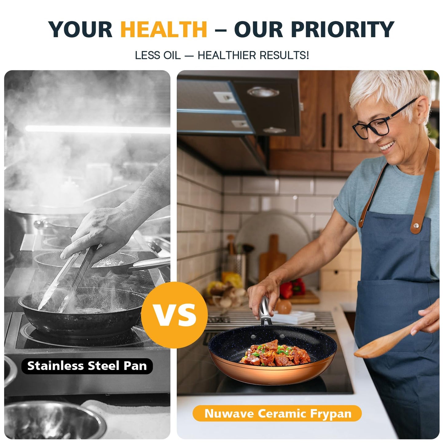 Nuwave 3-Piece 8”, 10”, 12” Forged Lightweight Frying Pan Set, G10 Healthy Duralon Blue Ceramic Ultra Non-Stick, Ergonomic Stay-Cool Handles, Induction-Ready & Works on All Cooktops