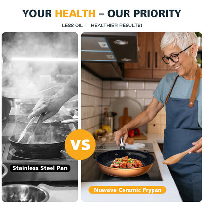 Nuwave 3-Piece 8”, 10”, 12” Forged Lightweight Frying Pan Set, G10 Healthy Duralon Blue Ceramic Ultra Non-Stick, Ergonomic Stay-Cool Handles, Induction-Ready & Works on All Cooktops