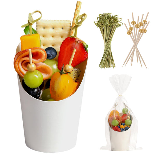 60 Sets Disposable Charcuterie Cups with Sticks and Bags, 14 oz White Kraft Paper Snack Boxes Appetizers Cup French Fry Holder with Cocktail Skewers Toothpicks Tooth Picks(60 Cups+60 Bags+200 Sticks)