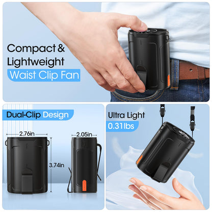 2025 AI Portable Fan Rechargeable, 4 Speeds 6600RPM Strong Airflow, Personal Waist Fan with up to 25H of Working Time, Hands-Free Hanging Neck Fan, Wearable Belt Fan for Camping, Outdoor, Jobsite