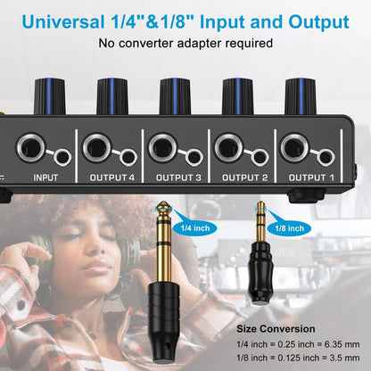 LZSIG Headphone Amplifier 4 Channel, Metal Stereo Audio Amplifier, Mini Earphone Splitter with Power Adapter, 1/4" & 1/8" TRS Headphones Output & TRS Audio Input, DC 12V