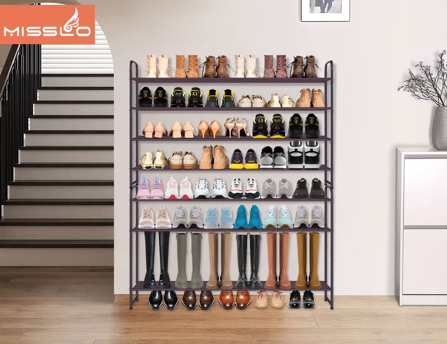 MISSLO 4 Tier Long Shoe Organizer for Closet Shoe Rack for Bedroom Closet Floor Shoe Shelf for Entryway Storage Stackable Wide Shoe Shelf Stores 30 Pairs of Men Sneakers, Brown