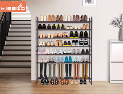 MISSLO 4 Tier Long Shoe Organizer for Closet Shoe Rack for Bedroom Closet Floor Shoe Shelf for Entryway Storage Stackable Wide Shoe Shelf Stores 30 Pairs of Men Sneakers, Brown