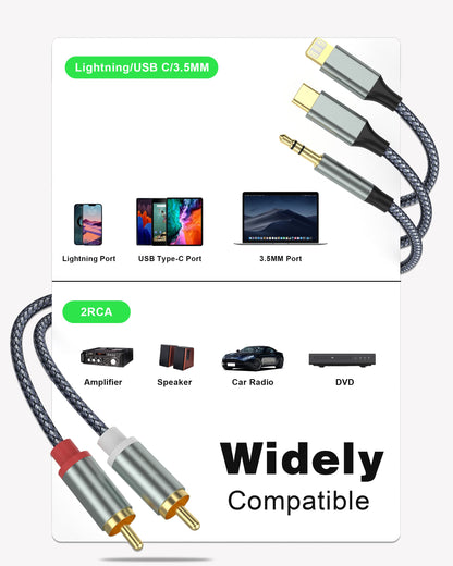 Lightning to RCA Cable Audio Aux Adapter（10.3M）,RCA to 3.5mm Cable，USB C to 2 RCA Audio Cable， (3 in 1 Audio Cable) for Power Amplifier, Car, Home Theater, Speaker and More(Lightning Compatible)