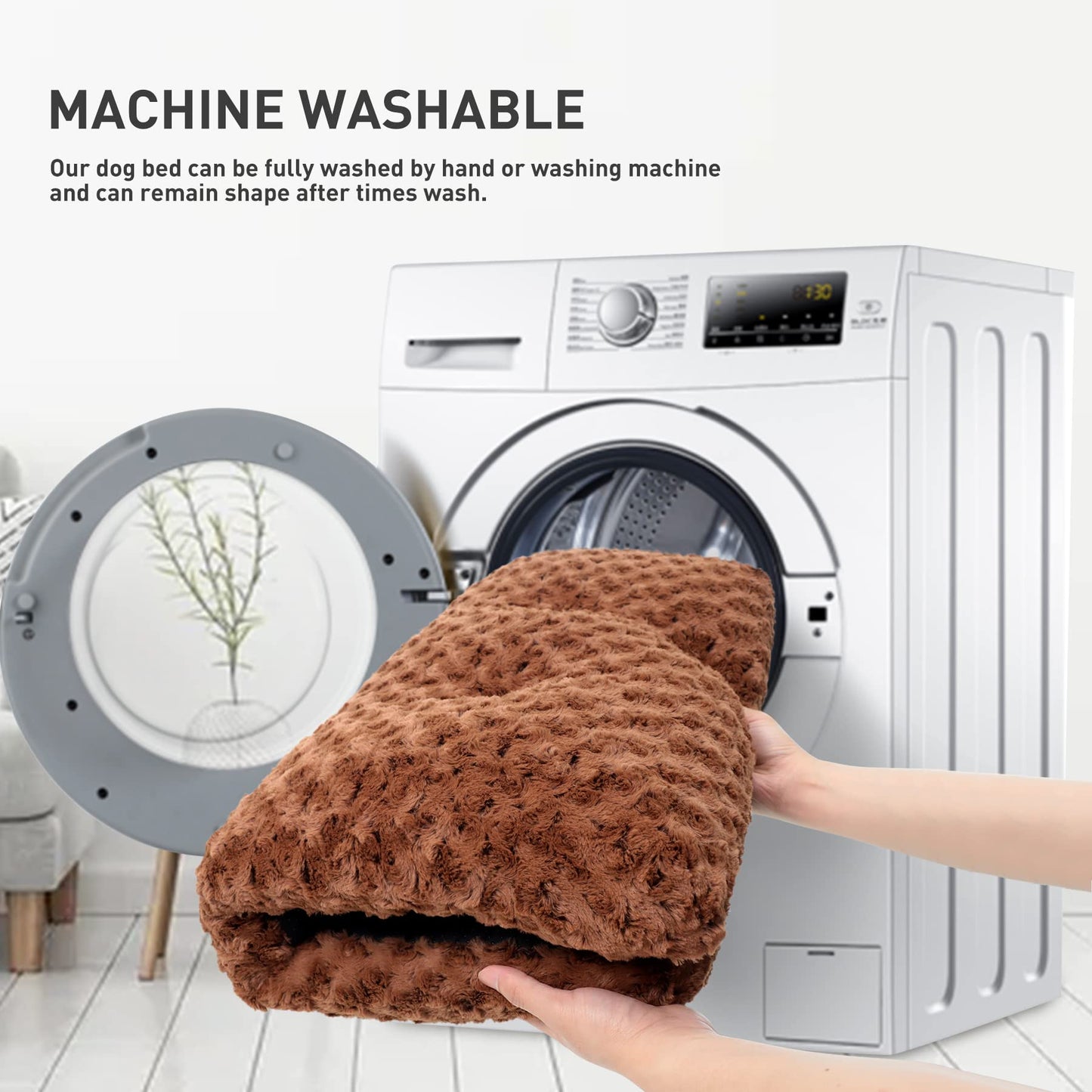 KSIIA Washable Dog Bed Deluxe Plush Dog Crate Beds Comfy Kennel Pad Anti-Slip Pet Sleeping Mat for Large, Jumbo, Medium, Small Dogs Breeds, 23" x 18", Brown