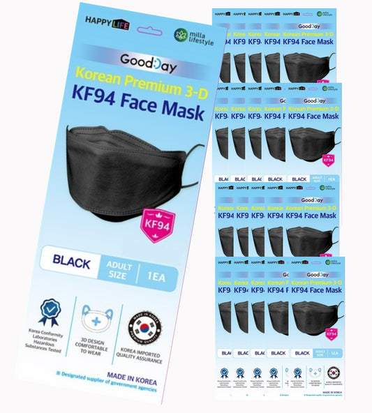 FLEXMON (Pack of 20) Korea Black Disposable KF94 Face Masks 4-Layer Filters Breathable Comfortable Protection, Protective Nose Mouth Covering Dust Mask Made in Korea