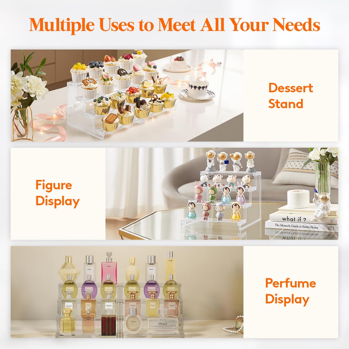 Lifewit 4 Tier Clear Display Riser Stand, Tool-free Assembly, Plastic Organizers for Figures, Cupcake, Perfume, Dessert, Desktop Display Stand for Organize and Decoration, 9 Inch, 1-Pack