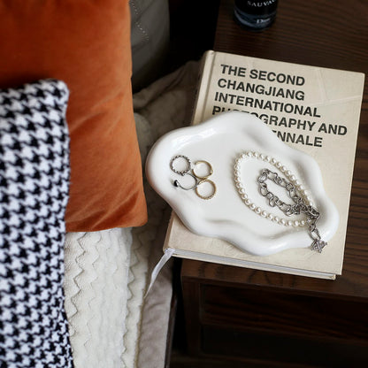 MDFAYE Jewelry Dish Trinket Tray for Women, Ring Dish Holder, Unique Cloud Shape Ceramic Plate Cute Things Vanity Aesthetic Room Decor Mother's Day Birthday (White)