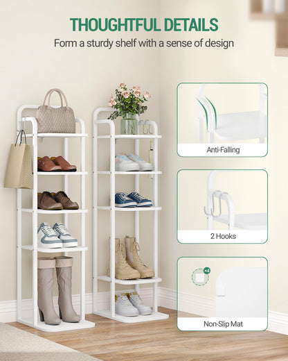 Hzuaneri 6 Tiers Vertical Shoe Rack, Narrow Shoe Tower, Tall Shoes Shelf with 2 Hooks, Adjustable Shelves, Corner Shoes Shelves for Small Spaces, Entryway, Living Room, White SR04213W