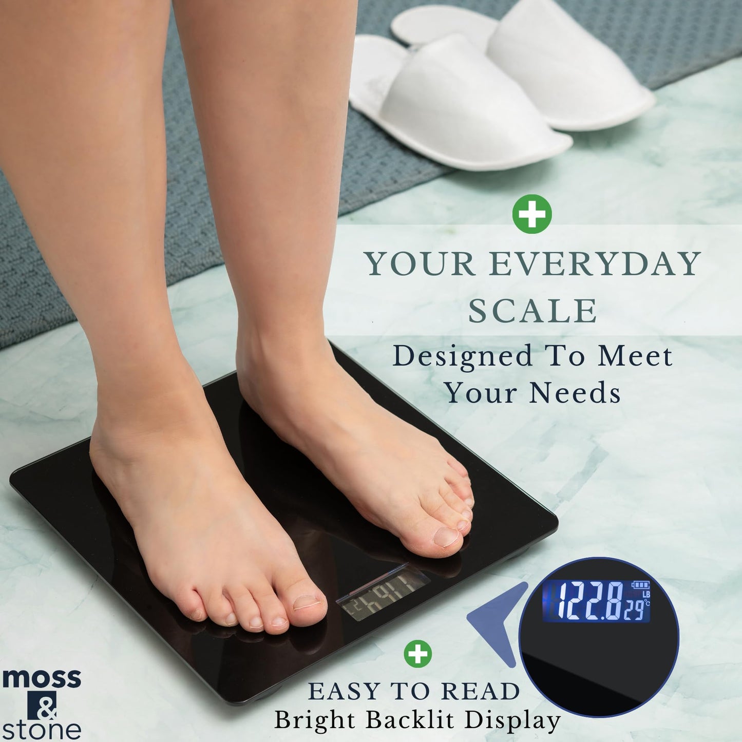 Moss & Stone Digital Bathroom Scale for Body Weight, Smart Scale Step-on Technology, Easy Read LCD, Weight Scale 400lb/180kg, Digital Home Scale, Highly Accurate Body Weight Scale, Silver