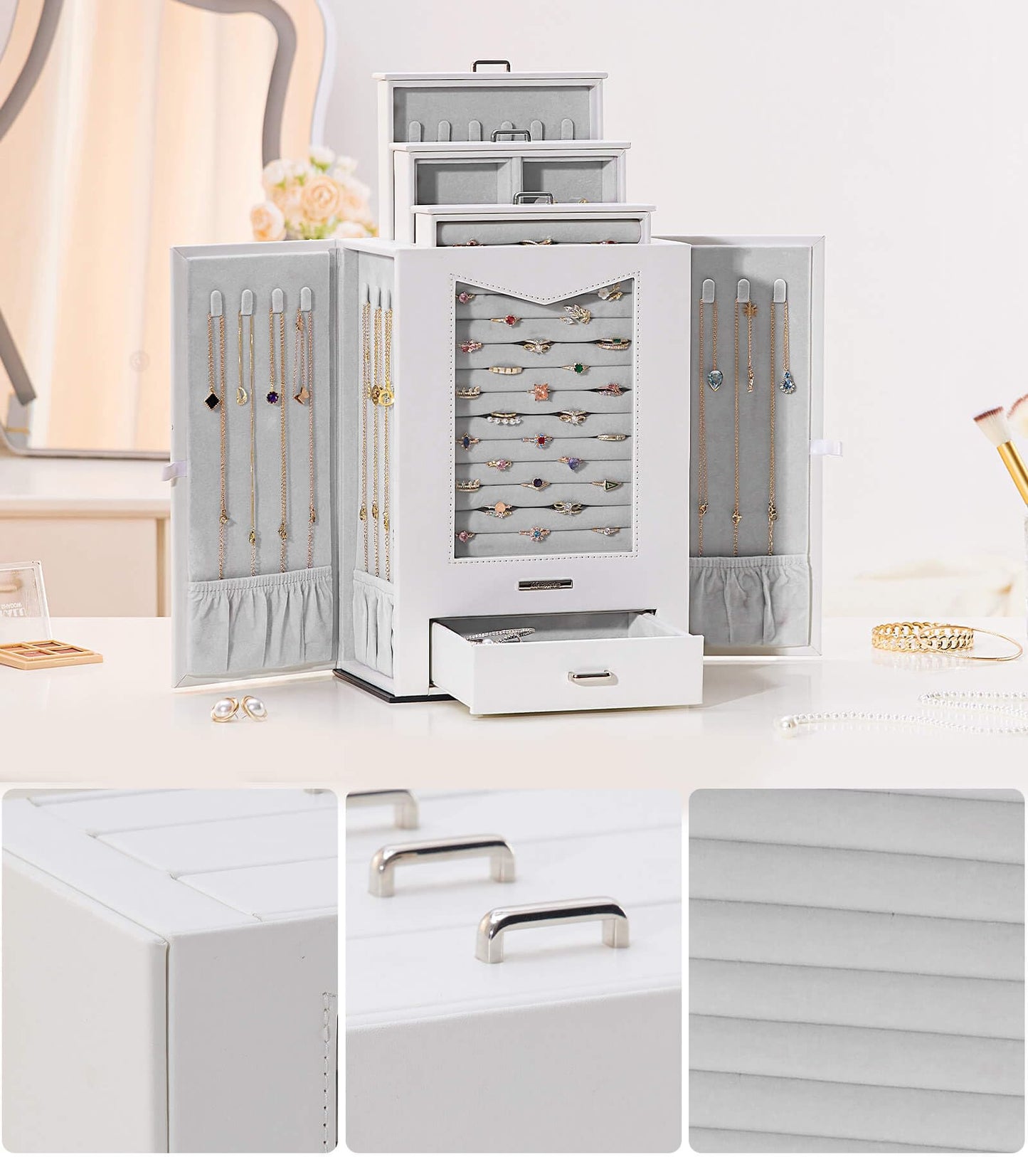 Homde Jewelry Organizer with Transparent Window Necklace Hooks Gift for Women Jewelry Box Display Case for Necklaces Rings Earrings Bracelets and Other Jewelry Accessories (White)