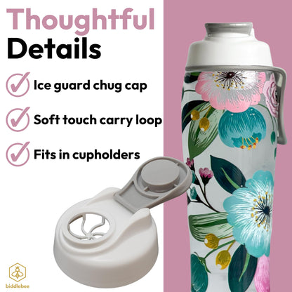 50 Strong Reusable Water Bottle with Time Markers – 30 oz BPA-Free Leakproof Bottle with Chug Cap & Easy-Carry Handle – Made in USA (Pretty Flowers)