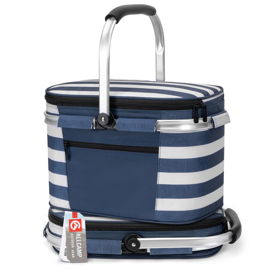 ALLCAMP Picnic Basket - Insulated Cooler, Thickening Foldable Picnic Basket with Removable Baskets & Sewn-in Frame, Basket for House Warming Gifts New Home(Blue and White)