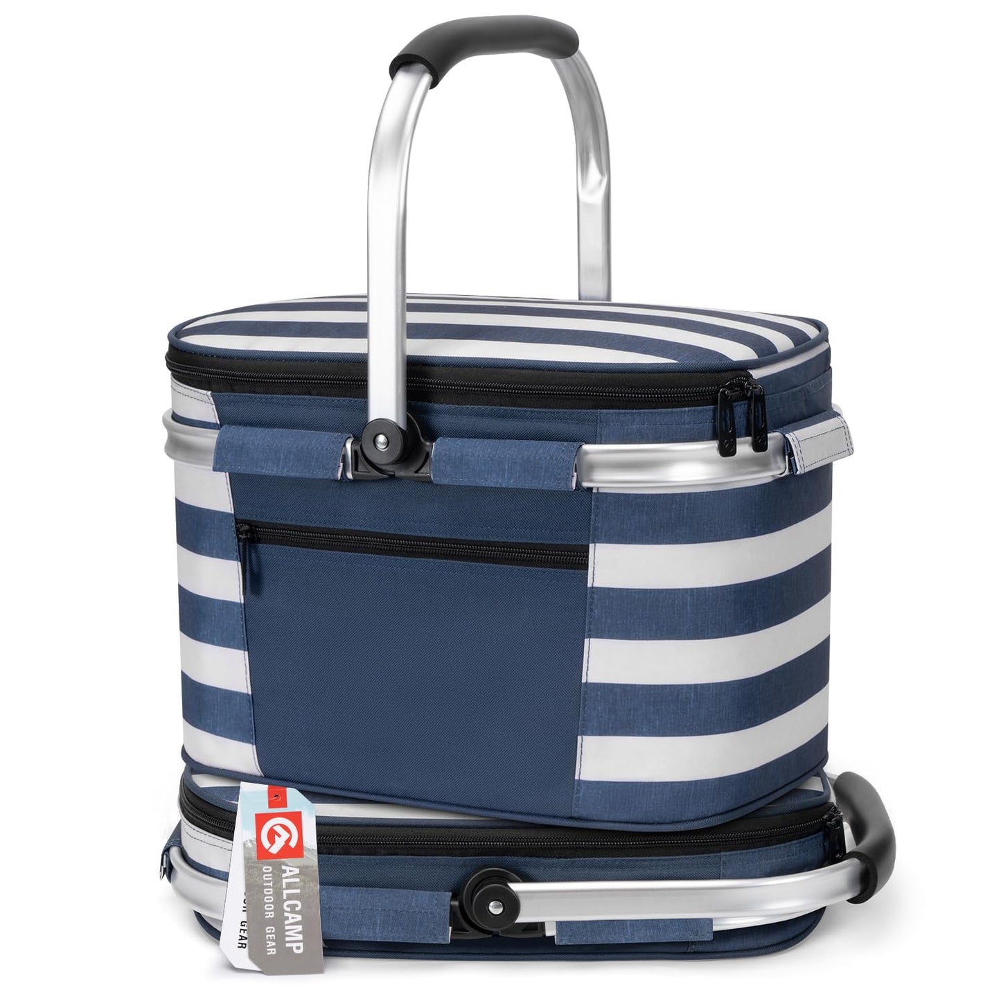 ALLCAMP Insulated Picnic Baskets Shoping Basket Cooler Bag Collapsible Portable Picnic Basket (Blue White Stripe)