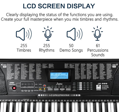 61 Key Portable Electronic Keyboard Piano w/Lighted Full Size Keys, LCD, Headphones, X-Stand, Stool, Music Rest, Microphone, Note Stickers, Built-In Speakers,3 Teaching Modes
