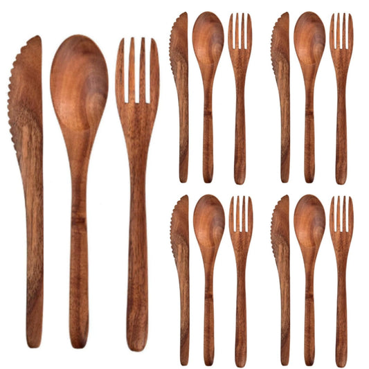Geiserailie 12 Pcs Wooden Utensils for Eating Wooden Spoon Fork Knife Cutlery Set Kitchen Wood Dinner Flatware Tableware Set Includes Spoon, Fork, Knife (Teak Wood)
