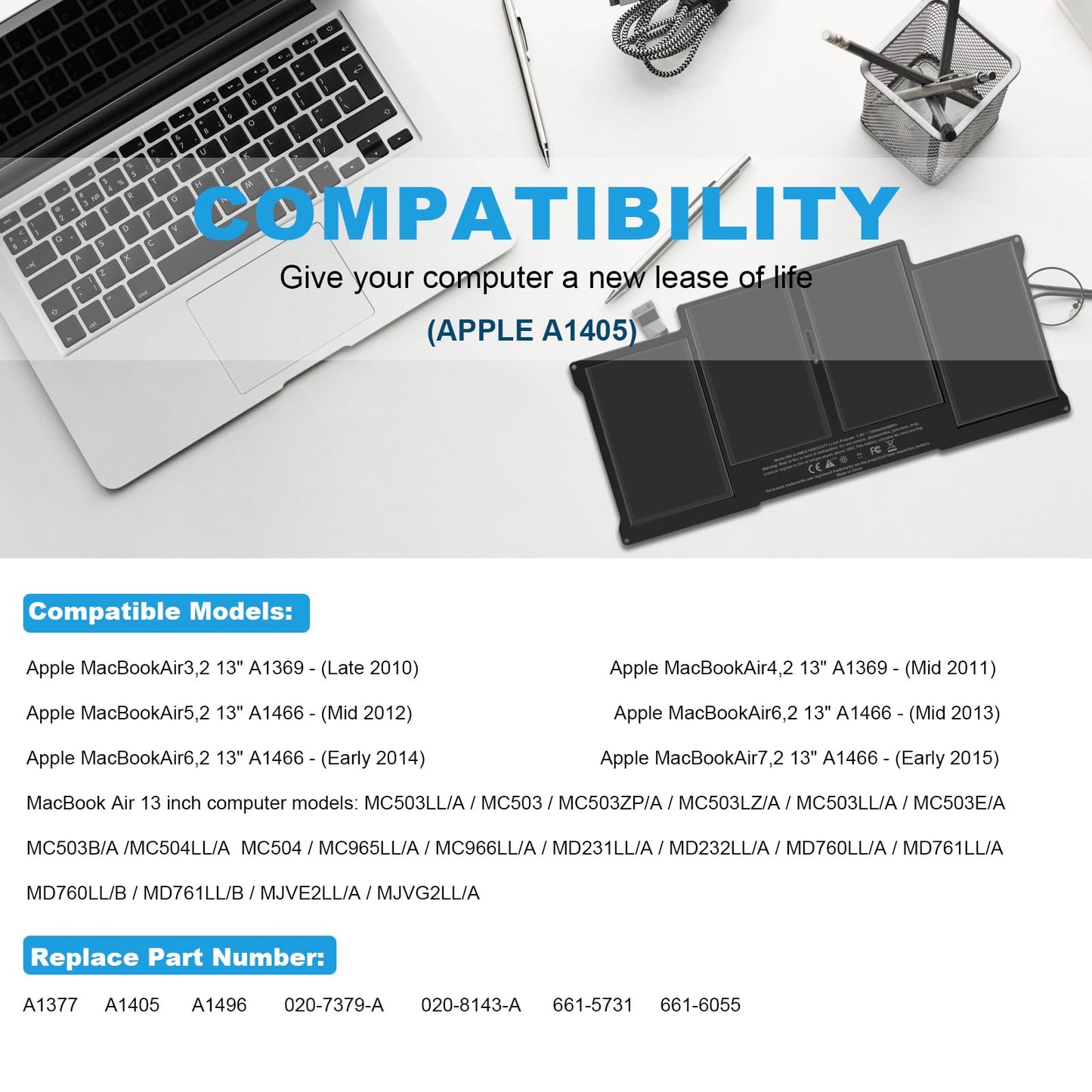 A1405 A1466 Laptop Battery for MacBook Air 13 inch A1466 (Mid 2012,Mid 2013,Early 2014, Early 2015,2017) A1369(Late 2010,Mid 2011 Version) fits A1496 A1377 (EMC :2925, 2469, 2559, 2392) [Upgraded 3.0]