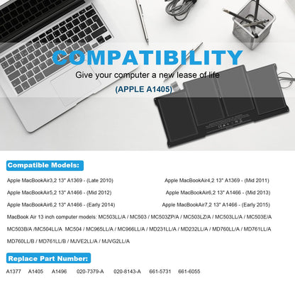 A1405 A1466 Laptop Battery for MacBook Air 13 inch A1466 (Mid 2012,Mid 2013,Early 2014, Early 2015,2017) A1369(Late 2010,Mid 2011 Version) fits A1496 A1377 (EMC :2925, 2469, 2559, 2392) [Upgraded 3.0]