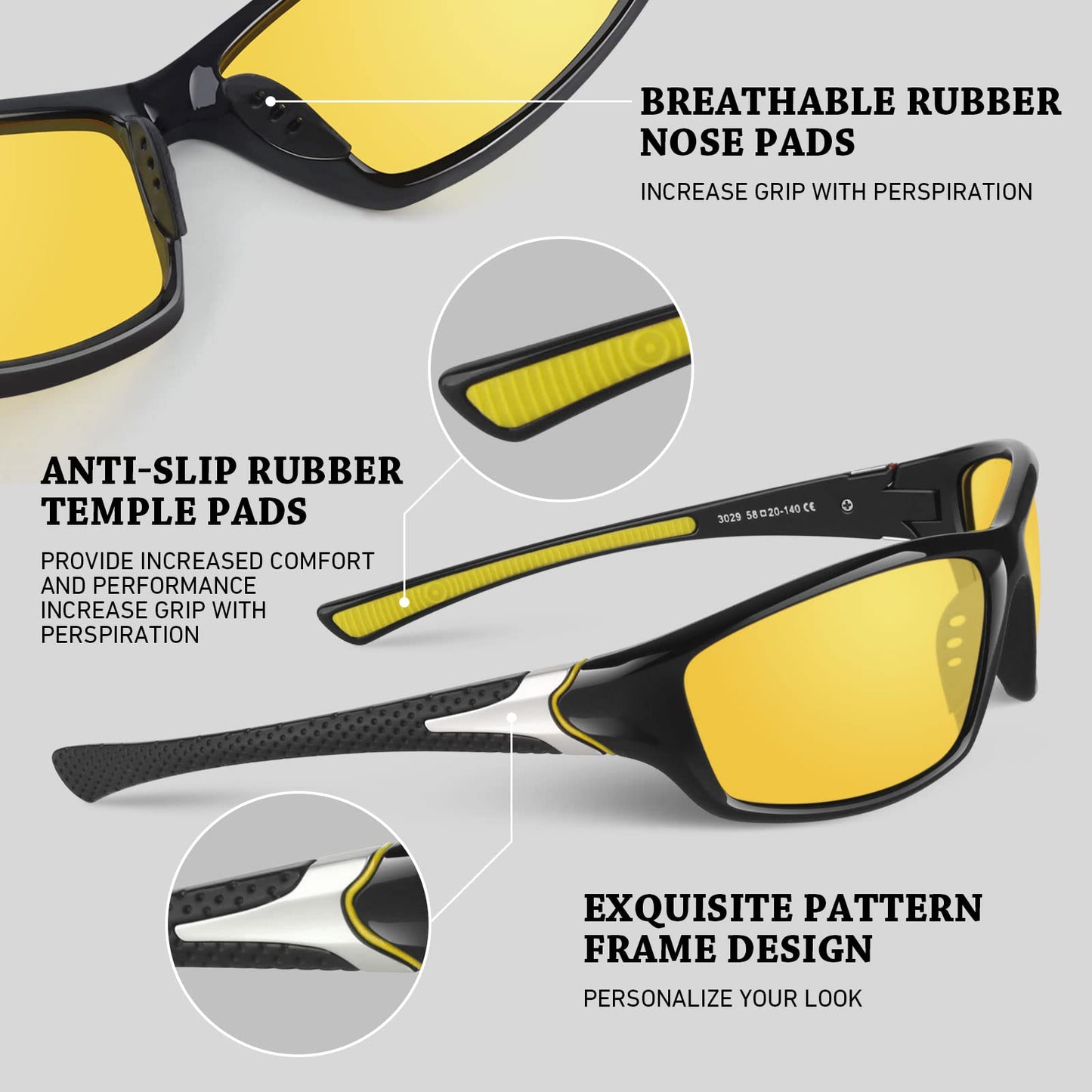 Night Vision Driving Glasses for Men Women,Sports Style Wrap Around Anti Glare with Polarized Yellow Lens