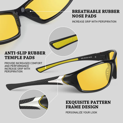 Night Vision Driving Glasses for Men Women,Sports Style Wrap Around Anti Glare with Polarized Yellow Lens