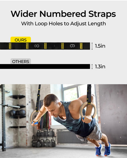 PACEARTH Gymnastics Rings 32mm Wooden Olympic Rings Support 1500lbs Locked Carabiners 9ft Double-Layer Numbered Straps Non-Slip Gym Rings with Foot Straps Door Anchor for Home Gym Full Body Workout