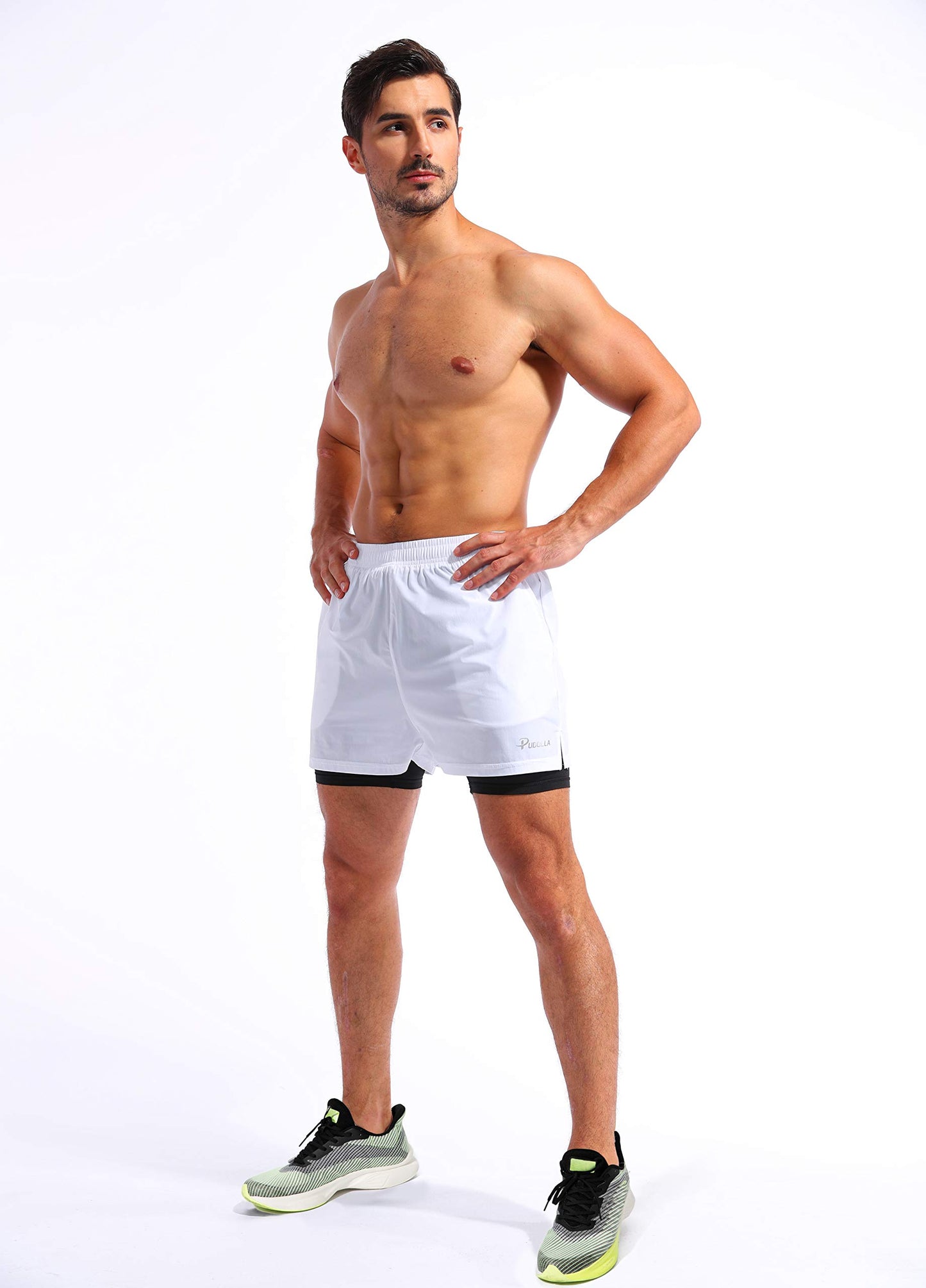 Pudolla Men’s 2 in 1 Running Shorts 5" Quick Dry Gym Athletic Workout Shorts for Men with Phone Pockets(White Medium)