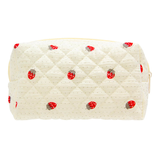 PAZIMIIK Vintage Quilted Makeup Bag Cosmetic Pouch for Brushes Pencils and Travel Make Up Accessories for Women and Girls Gauze Strawberry