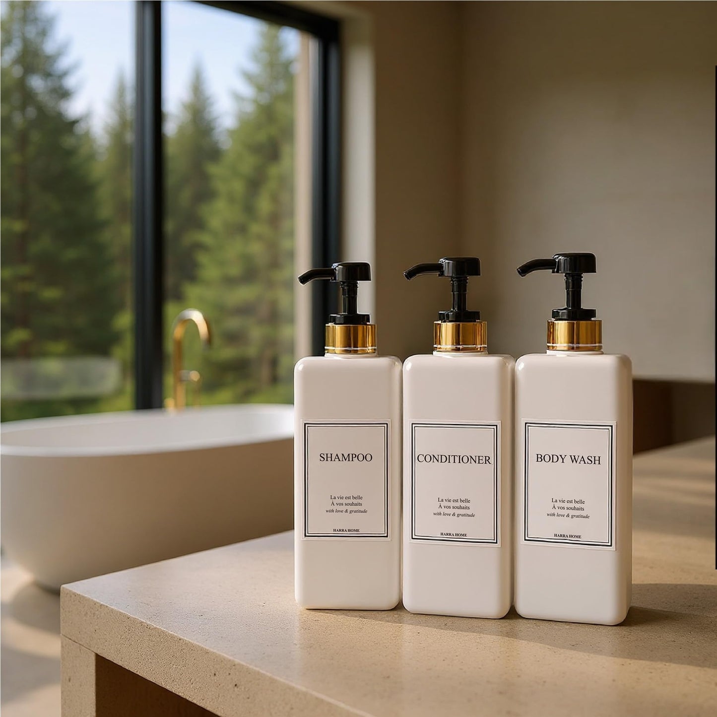 HARRA HOME Modern Gold Design 27 oz Shampoo and Conditioner Dispensers - Plastic Refillable Pump Bottle Set for Bathroom Shower Soap Dispenser, Set of 3 (Black)