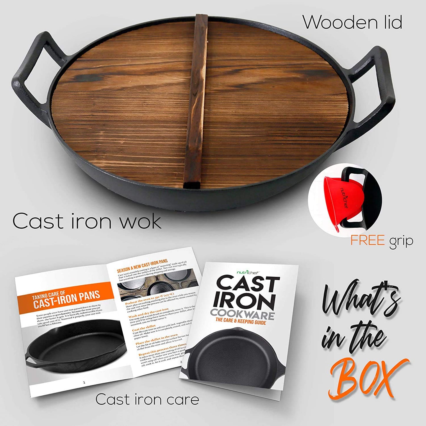NutriChef Cast Iron Wok with Wooden Lid - Pre-Seasoned Chinese Wok for Stir-Fry, Compatible with Multiple Cooktops Including Induction, Large 5.8 Qt Capacity, 12" Diameter