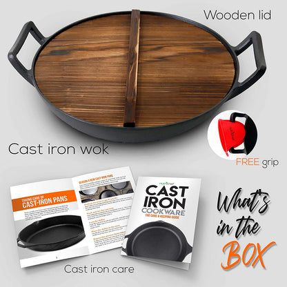 NutriChef Cast Iron Wok with Wooden Lid - Pre-Seasoned Chinese Wok for Stir-Fry, Compatible with Multiple Cooktops Including Induction, Large 5.8 Qt Capacity, 12" Diameter