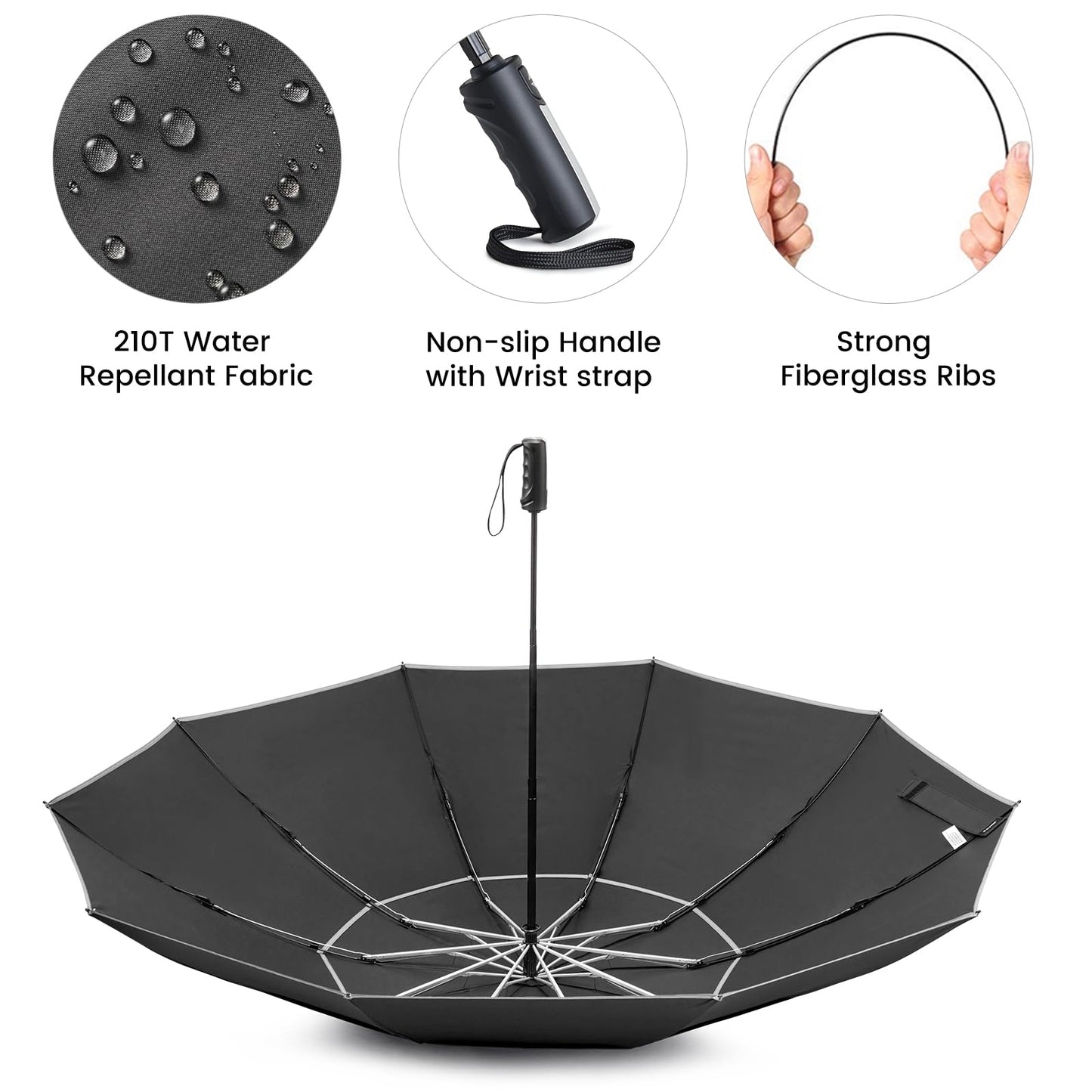 G4Free 62 Inch Windproof Inverted Umbrella with Reflective Stripe Large Compact Reverse Golf Umbrella for Rain 10 Ribs Double Canopy Travel Umbrella Automatic Open Close (Black)