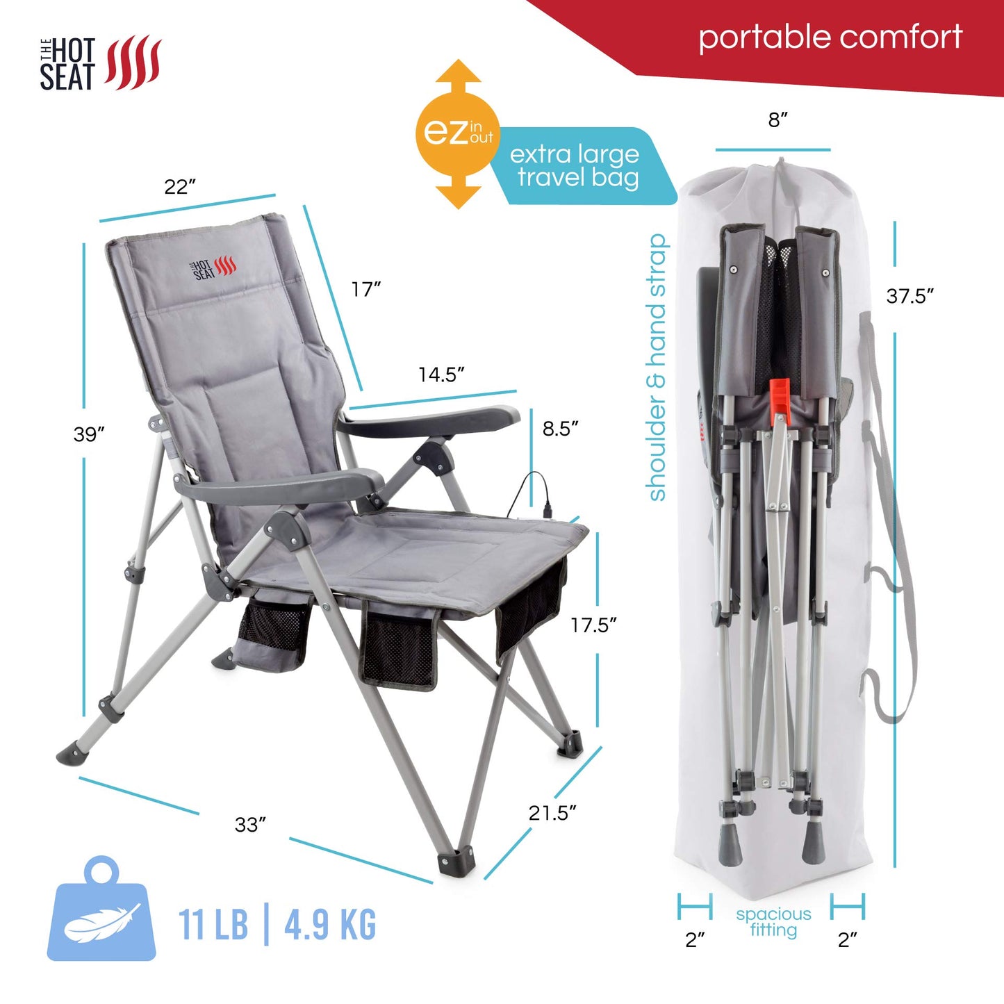 POP Design The Hot Seat, USB Heated Portable Folding Camping Chair, Perfect for Outdoor, Lawn, Patio, Sports, Beach, or Picnics. (Battery Pack NOT Included)