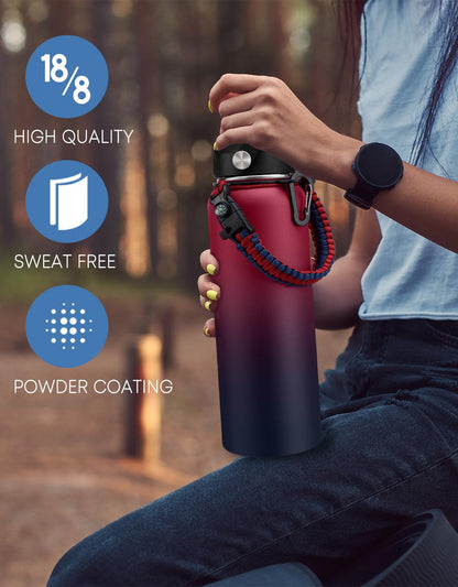 40/64/128 oz Insulated Water Bottle with Straw - Flex Cap Lids, Paracord Handle, Bottle Carrier Bag w/Strap, Vacuum Stainless Steel 40oz Water Bottles, Double Wall Flask Metal Water Flask Jug